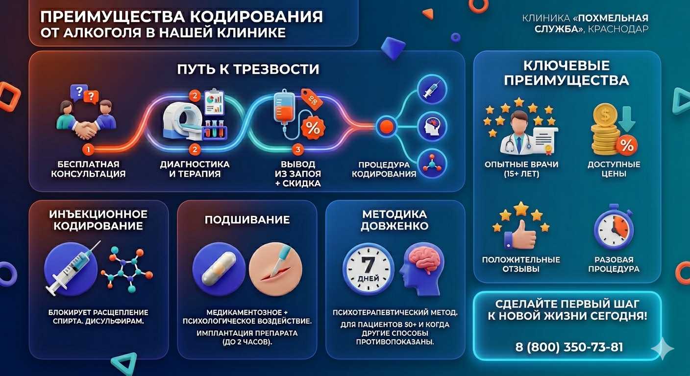 Инфографика о методах кодирования от алкоголя в Усолье-Сибирском: инъекции, подшивание, метод Довженко. Преимущества клиники и этапы лечения.