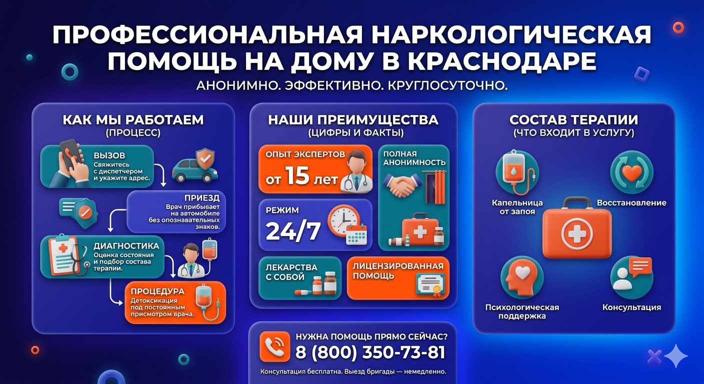 Инфографика о принципах лечения алкоголизма на дому в Усолье-Сибирском: этапы вызова нарколога, преимущества анонимной детоксикации и состав медицинской помощи.